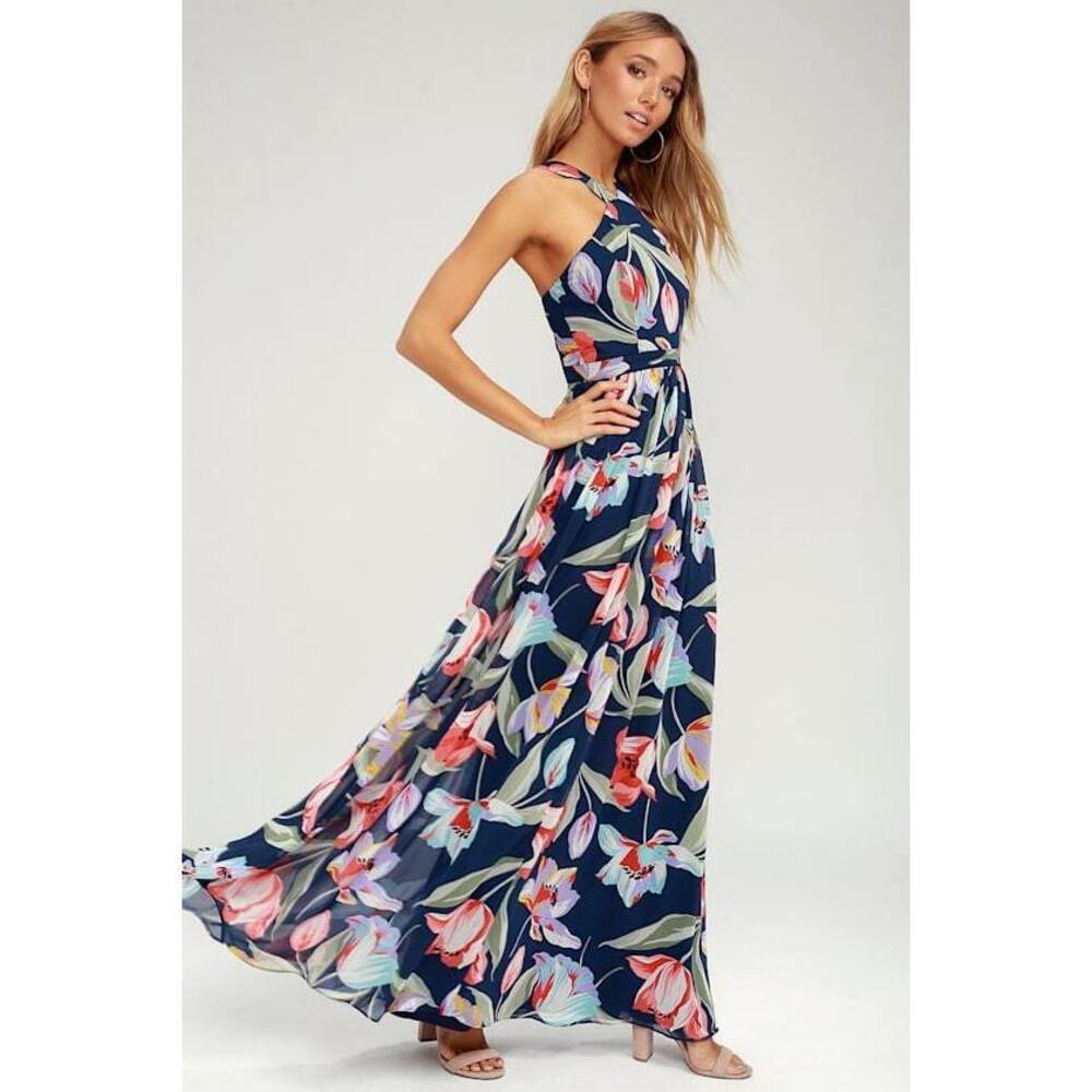 Lulus Lilja Navy Blue Floral Print Maxi Dress - Size L